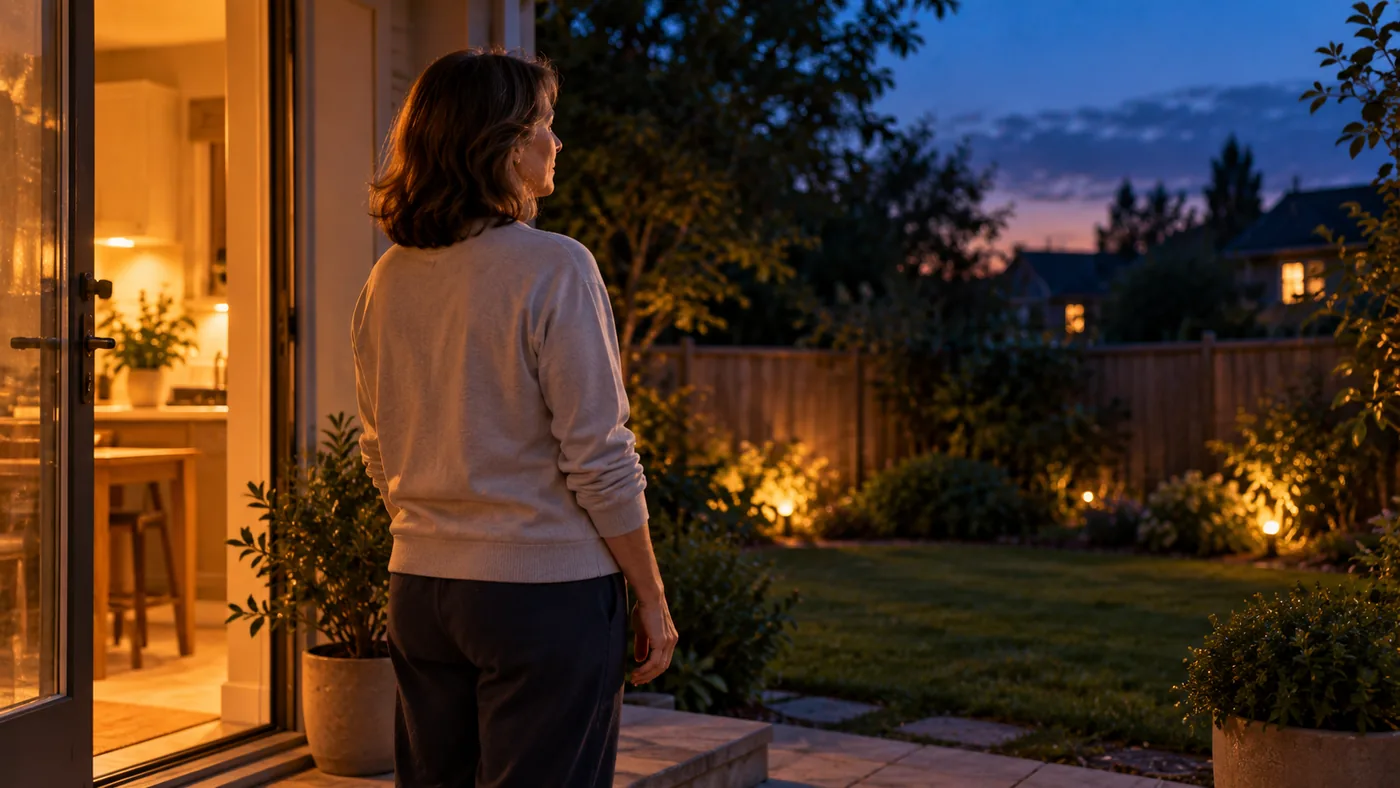 A woman in a soft sweatshirt stands on her back step at dusk, looking out at a small garden, with warm kitchen light behind her.